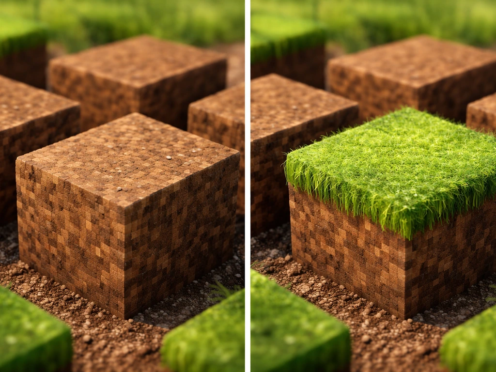 Minecraft-like dirt block with grass spreading to green-topped blocks, showing nearby edge growth