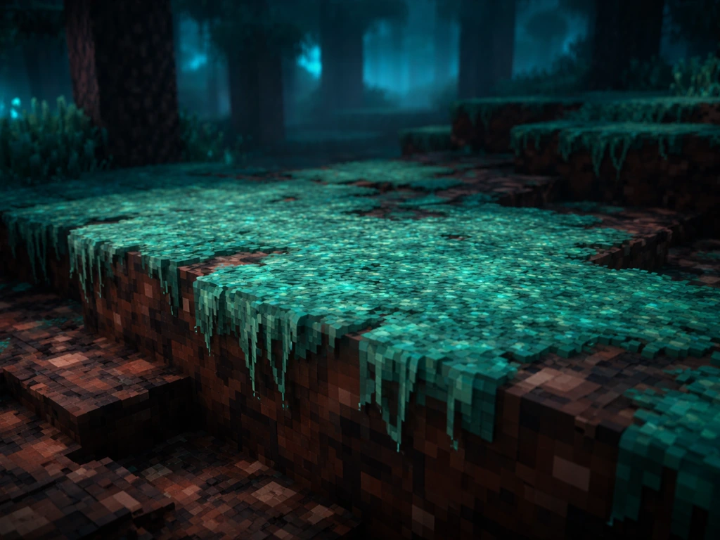 Teal-green Warped Nylium carpet spreading over netherrack in a dim warped forest biome