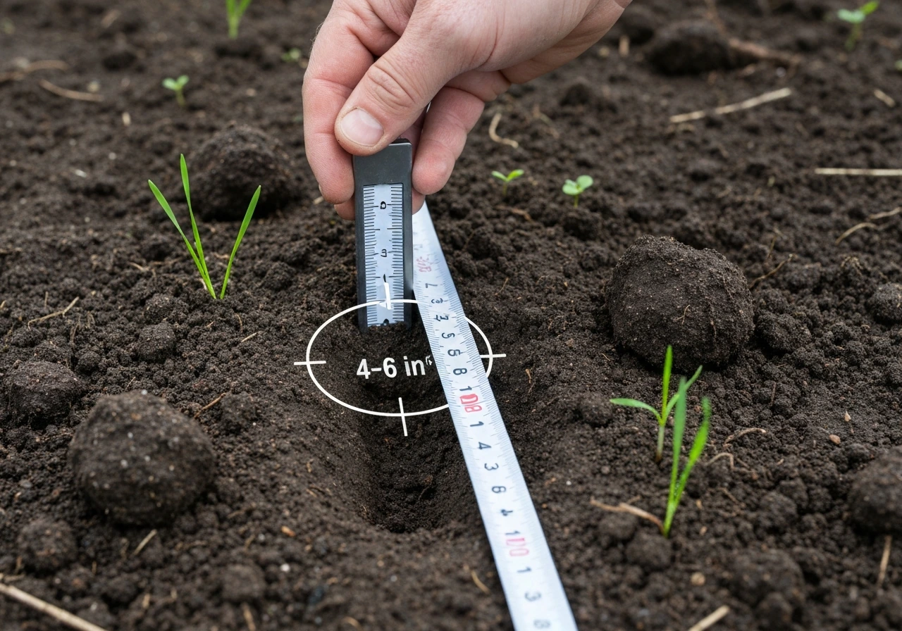 Close-up of a depth gauge and measuring tape in soil showing the 4–6 inch target for new grass