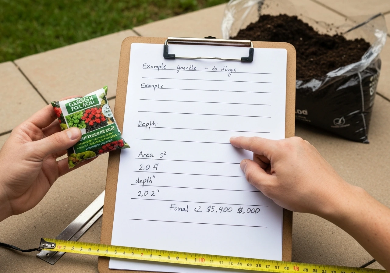Hands point to a simple soil-calculation worksheet with a tape measure and soil bag nearby.