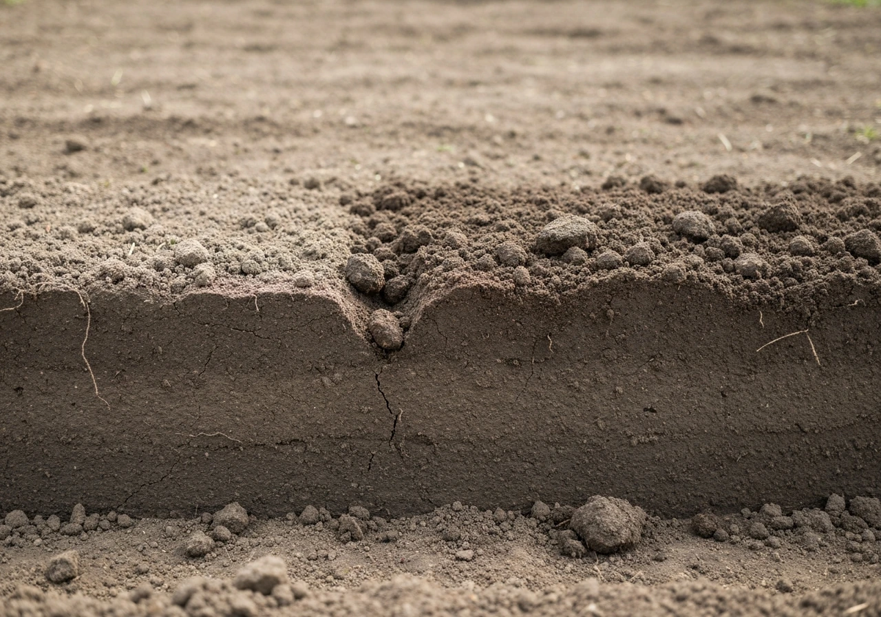 Close-up of freshly tilled clay–soil interface, showing loose top layer above exposed clay