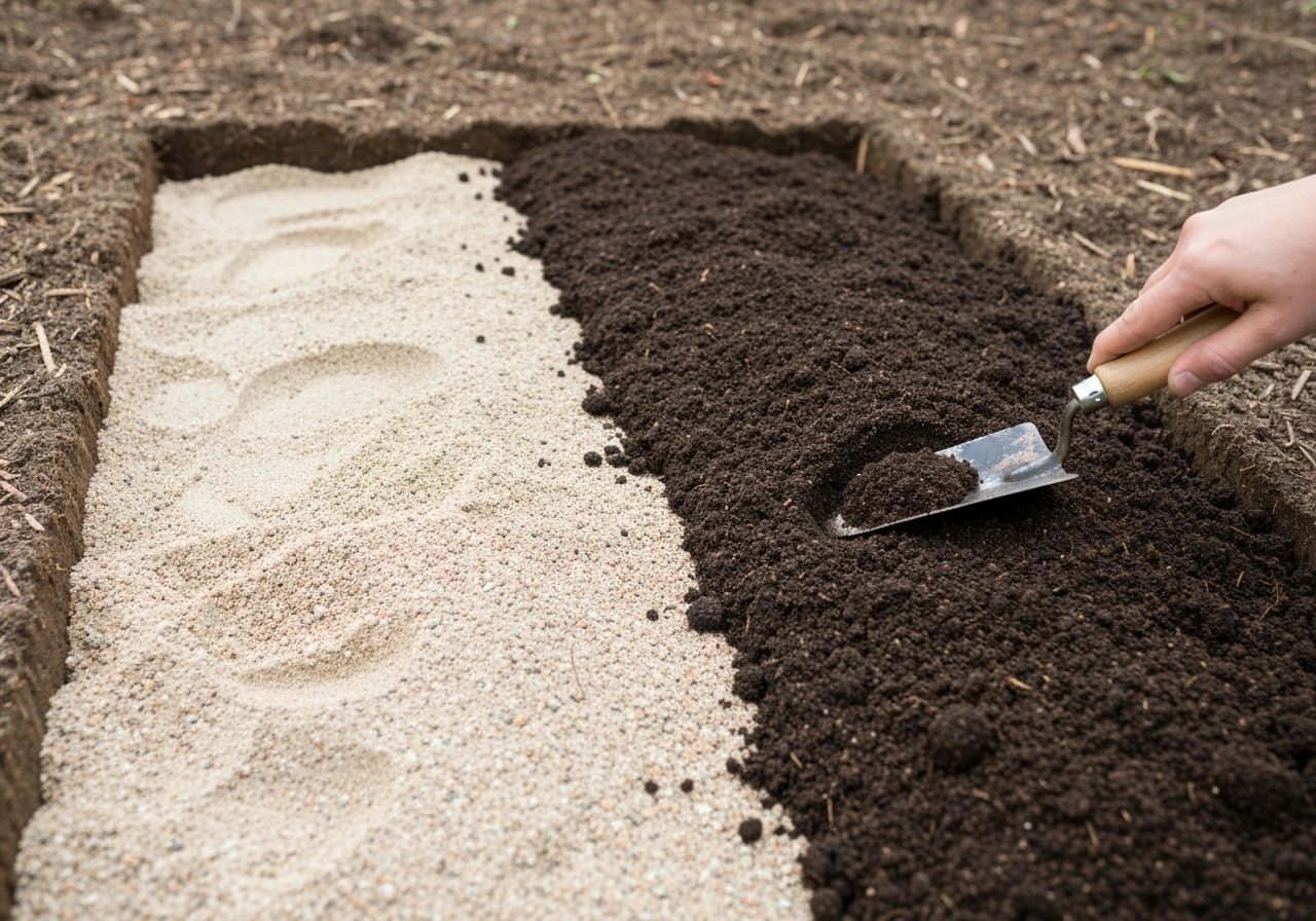 Garden bed cross-layer setup with topsoil being spread over coarse sand for better moisture retention
