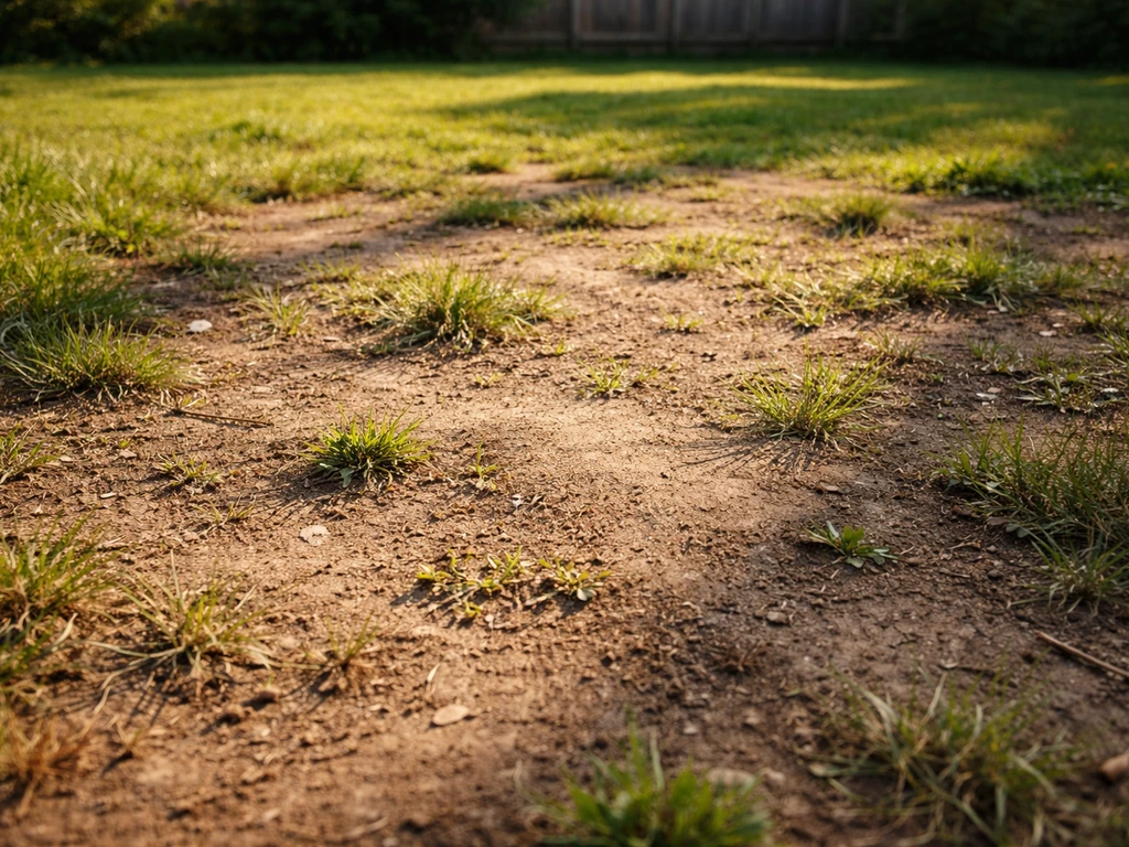 Bare patches of dry soil and weeds in a struggling lawn under strong sunlight shadows.