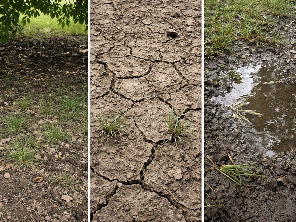 Minimal composite showing shade area, dry cracked soil, and waterlogged patch causing grass failure