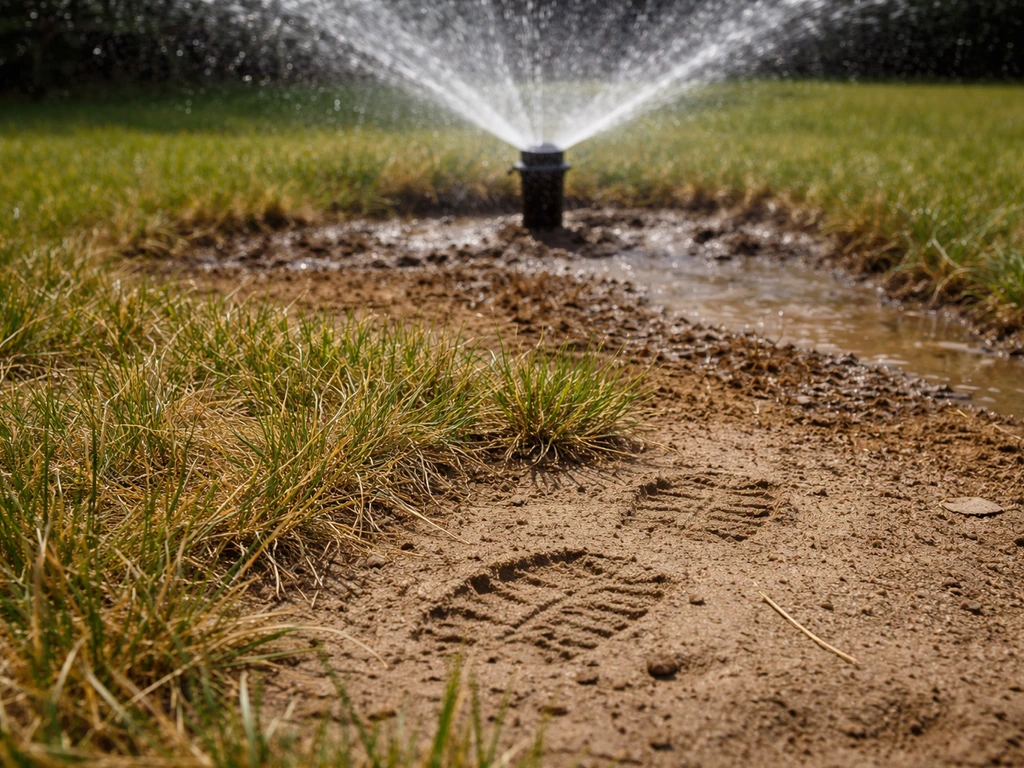 Close-up of a sprinkler creating runoff beside a dry, stressed grass patch with footprints.