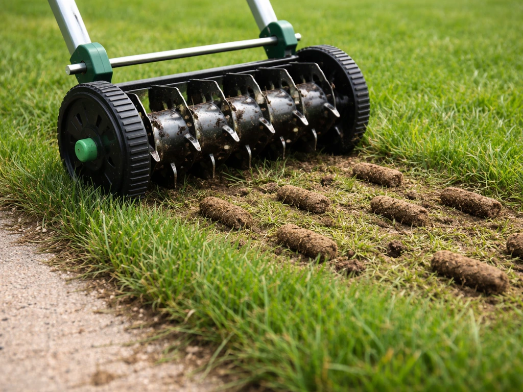 Handheld lawn aerator pulling soil cores from grass, showing plugs on a driveway and loosened channels.