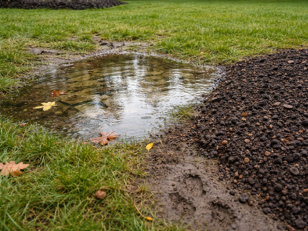Low garden spot with rainwater pooling beside slightly raised, amended soil to improve drainage.