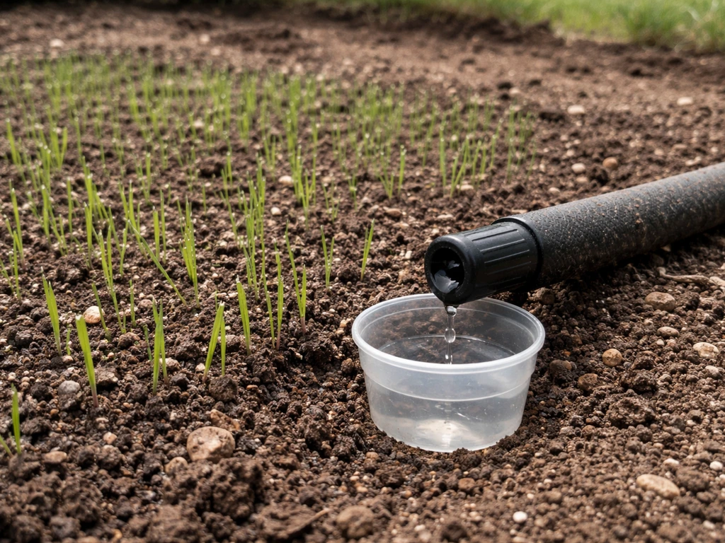 Garden hose watering newly planted grass at soil level with a small catch container nearby