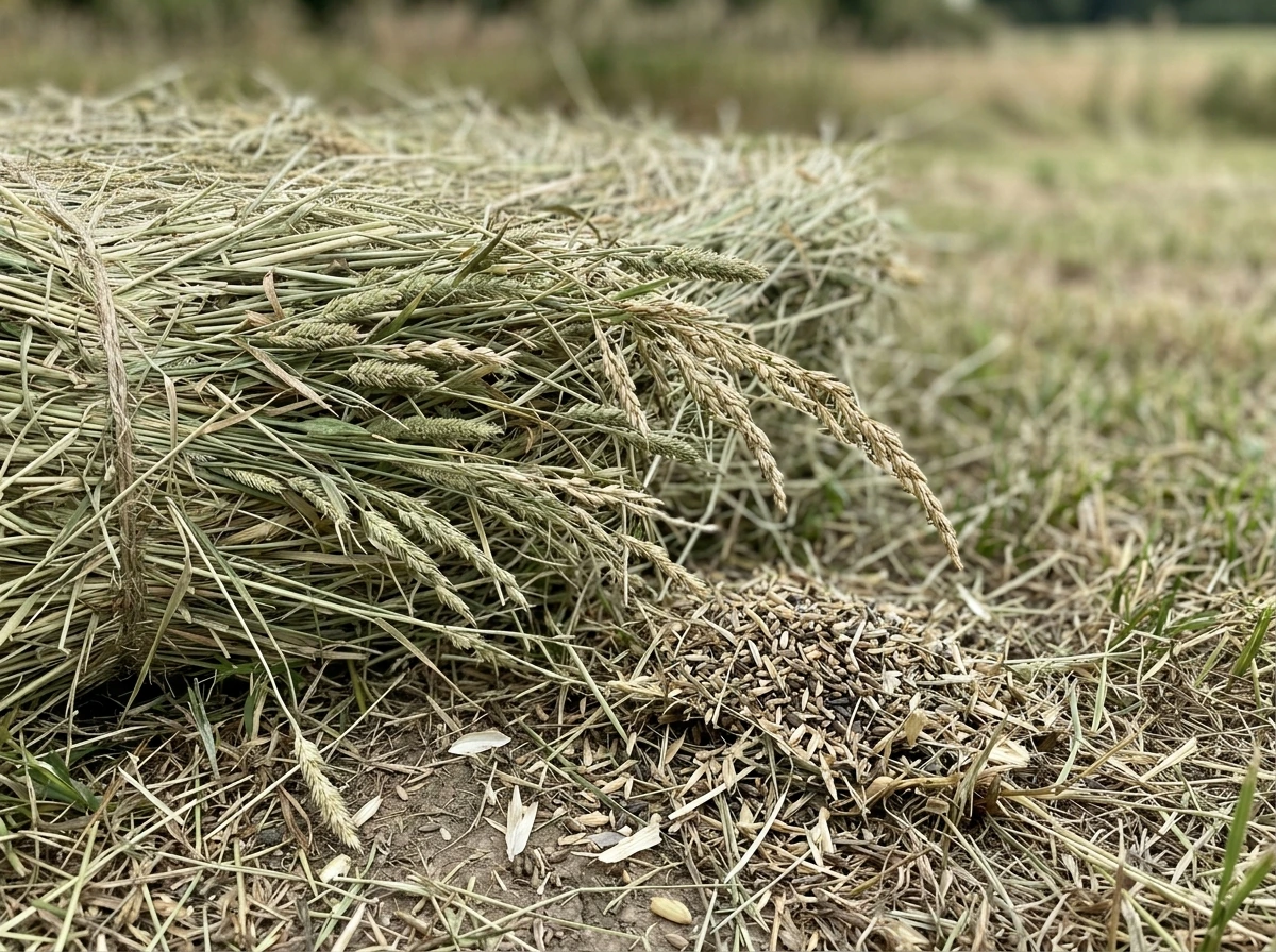Hay bale and dried seed heads showing potential viable seeds that can sprout