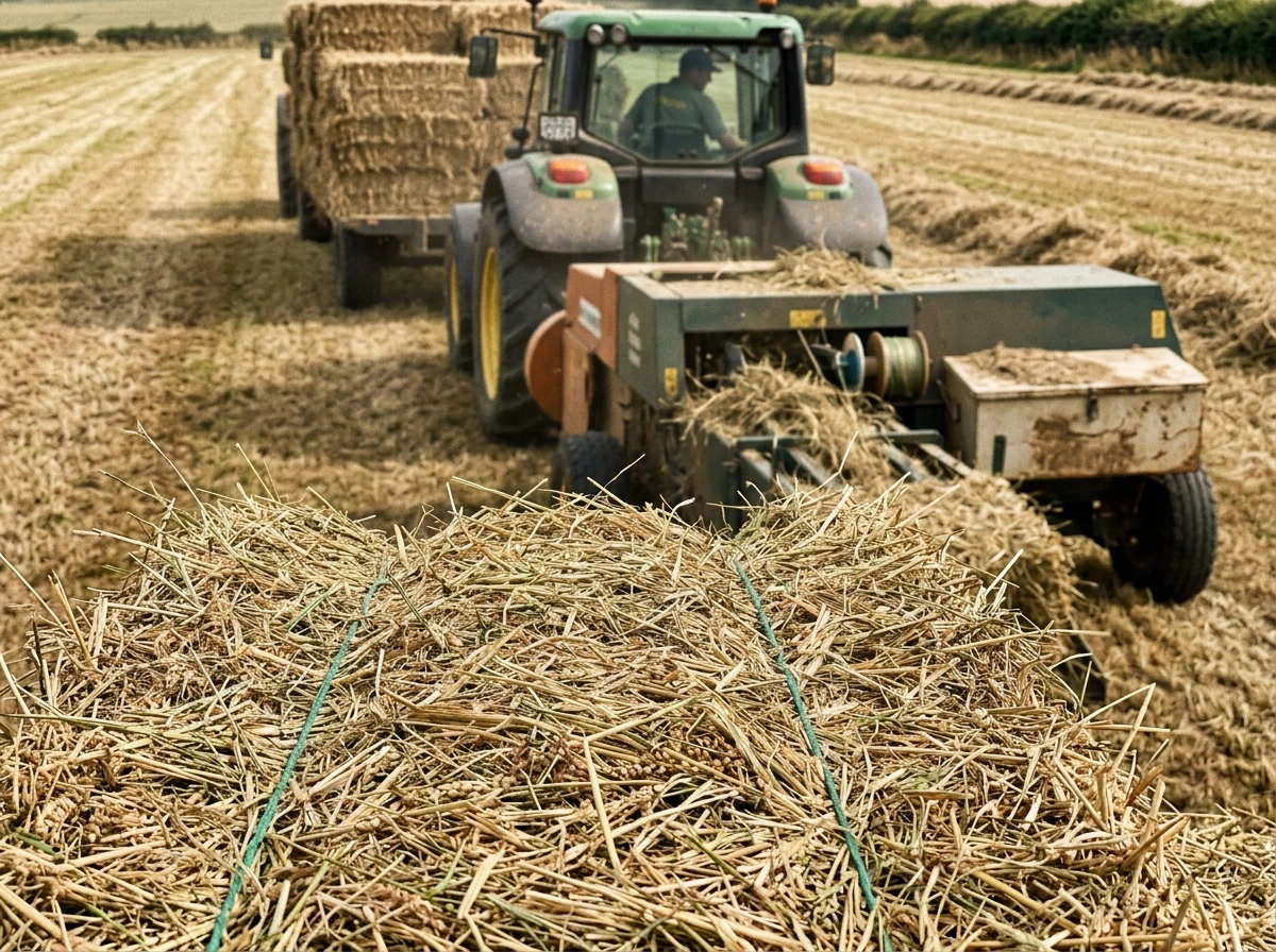 Hay baler and freshly formed hay bale showing seeds survive baling