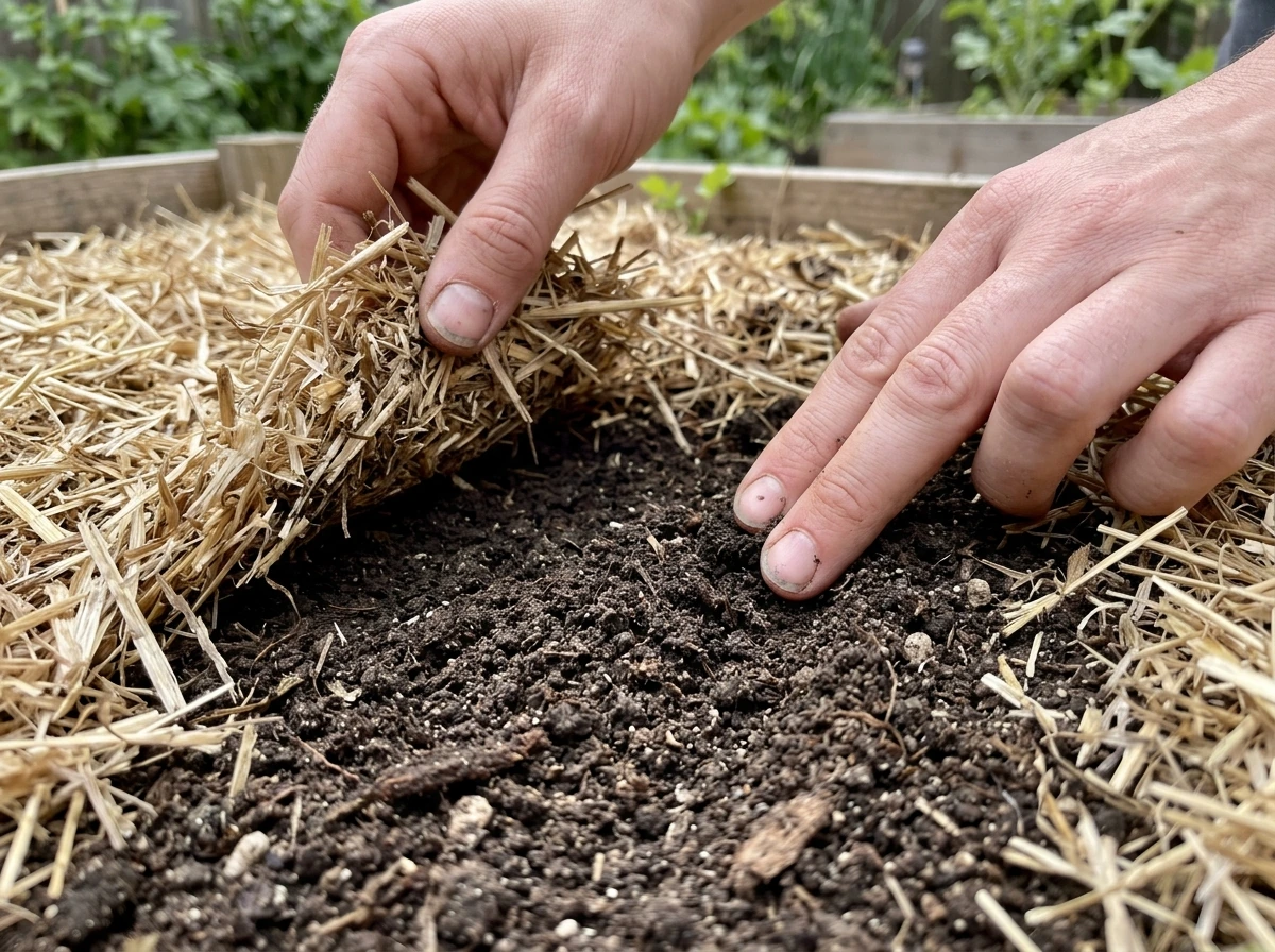 Hay lifted to show moist soil contact for germination conditions