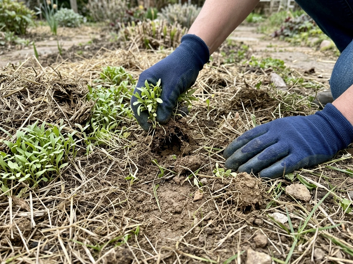 Removing hay mulch early to stop grass and weeds from taking root