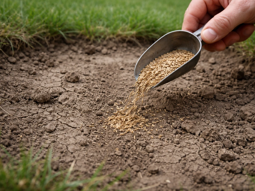 Close-up of cracked bare soil with scattered grass seed and a hand seed scoop fixing a failed patch.