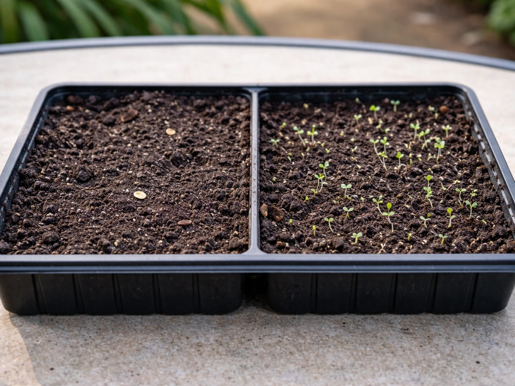 Close-up lawn seeding tray showing two sections: bare soil with no sprouts and patchy soil with tiny emerging seedlings.