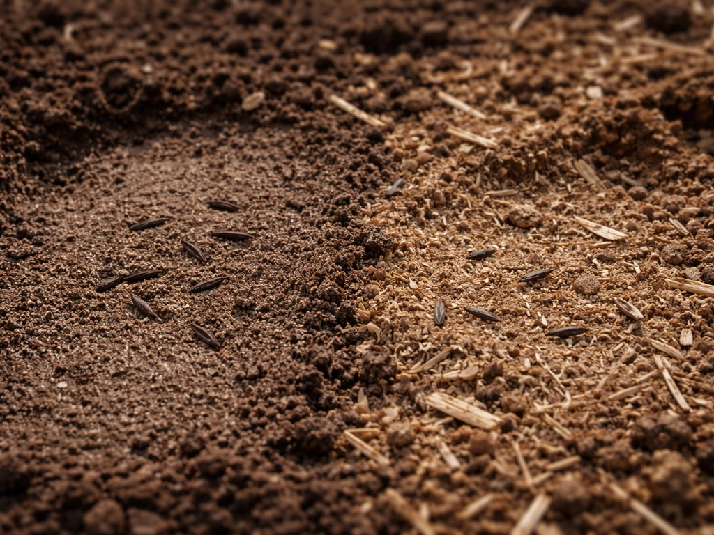 Grass seed nestled into firm soil with nearby loose soil for contrast