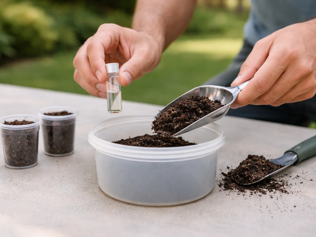 Homeowner preparing soil test kit with amendment in a small container beside soil samples