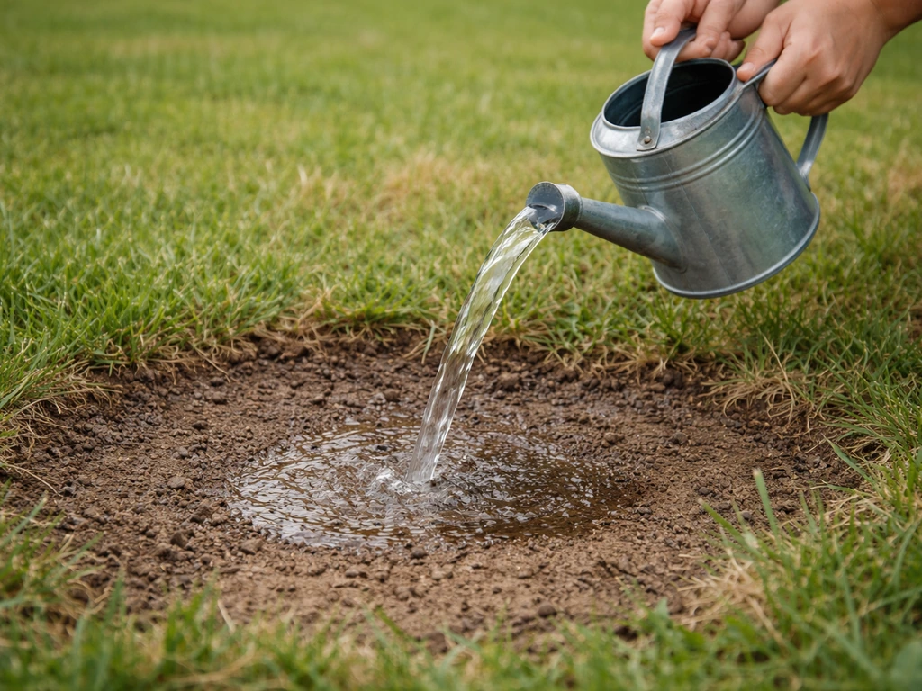 Hands pour water on lawn to test soil infiltration; water soaks in around a small test spot.
