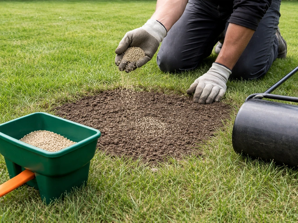 Person raking bare patch of lawn, then spreading fresh grass seed and lightly rolling it.