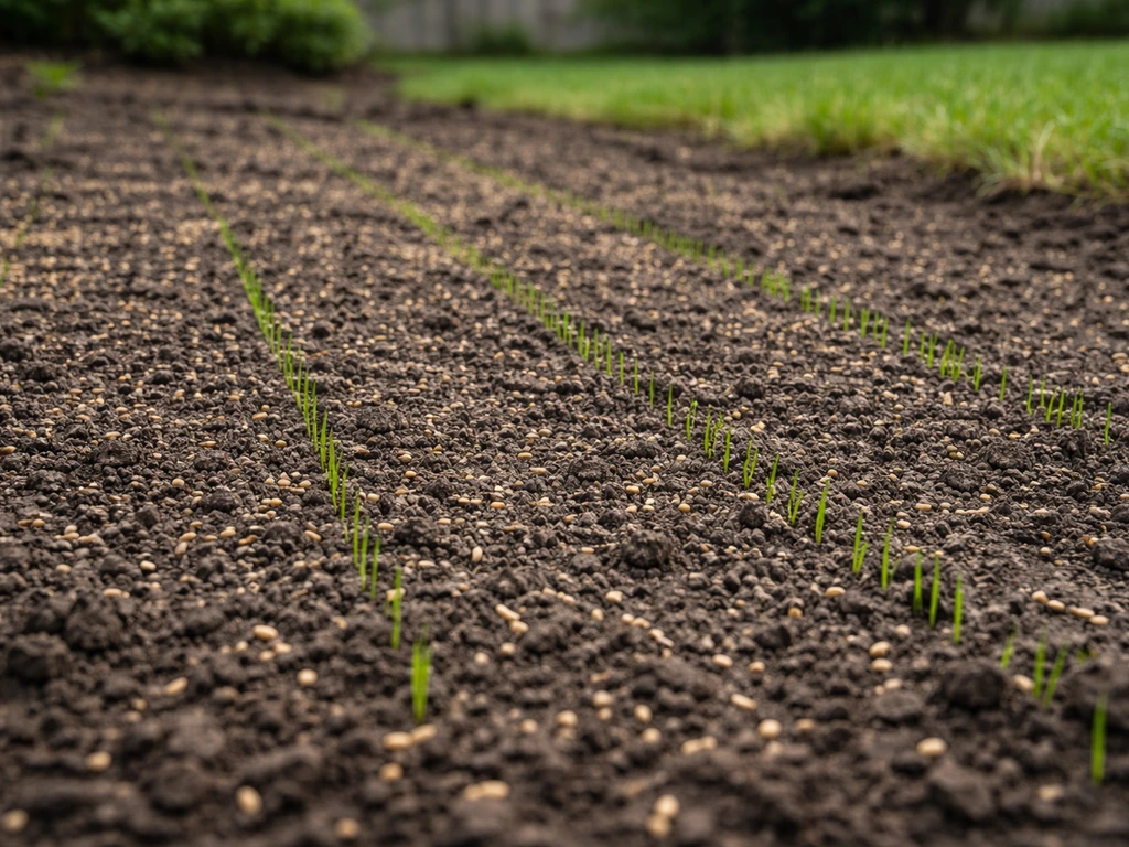 Straw-free soil with grass seedlings emerging from visible seed, showing new growth starting.