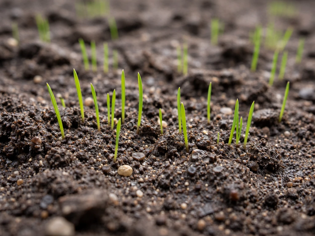 Bare soil with fresh grass seedlings emerging directly, showing germination without straw.