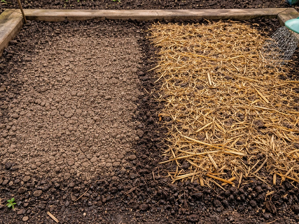 Adjacent bare and straw-mulched soil sections showing straw keeping the top layer moist.