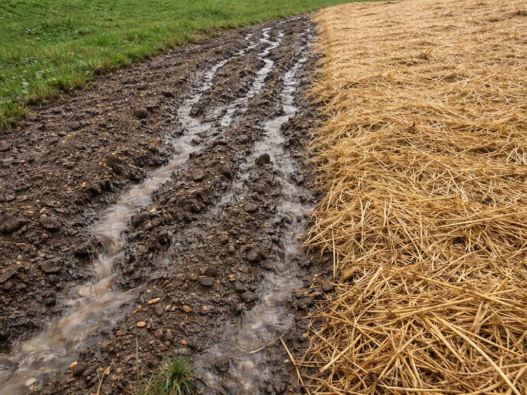 Sloped lawn showing two zones: bare seeded soil runoff track and straw-mulched area holding moisture.