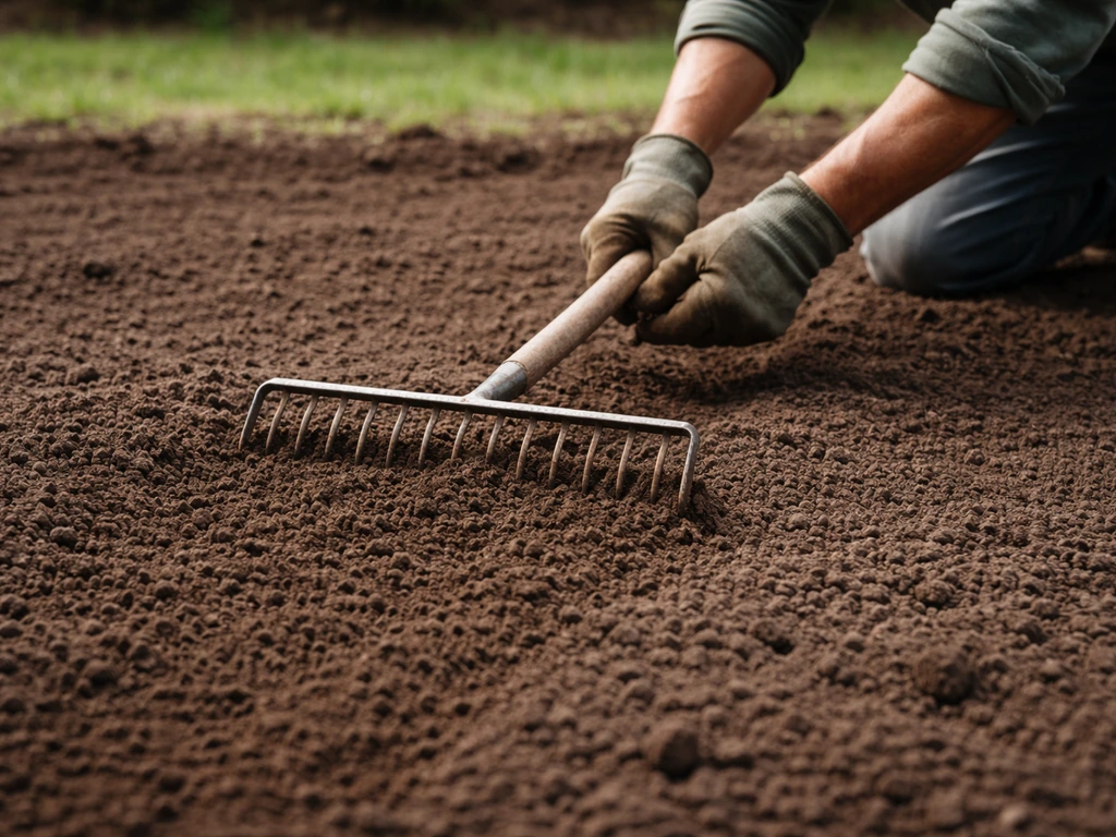 Close-up of a gardener raking and leveling soil for grass seed without straw