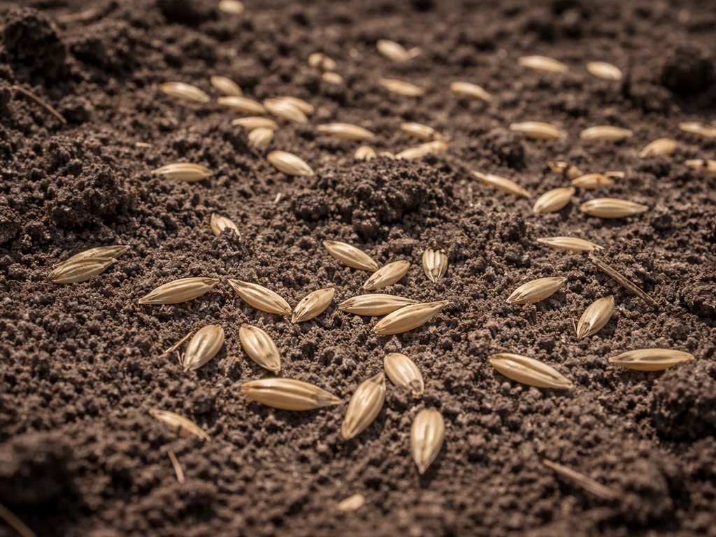 Surface-sown oat seeds scattered on bare soil with a thin layer of cover, showing minimal contact.