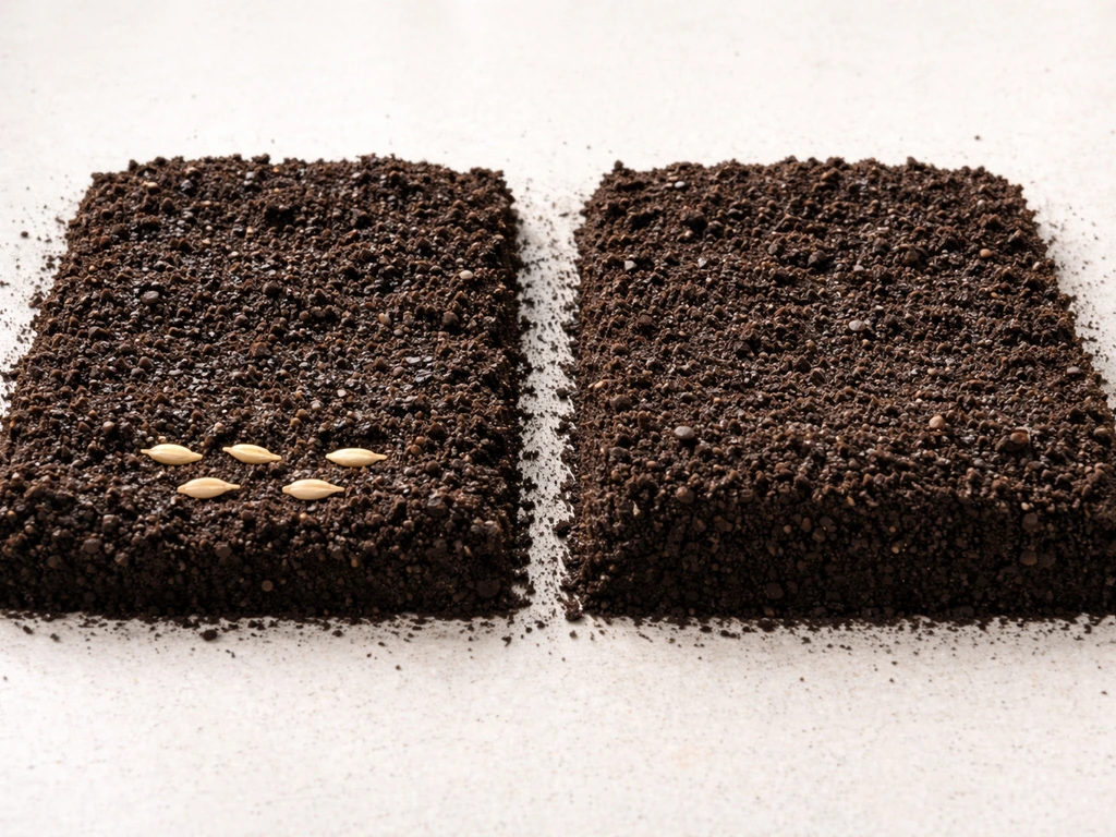 Side-by-side soil beds showing shallow-buried vs too-deep oat seeds with natural moisture difference.