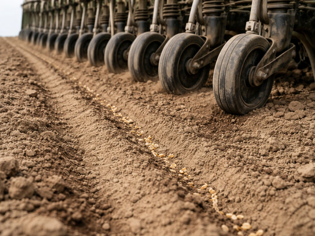 Oat seeding drill press wheels firm and cover seeds in furrows for strong seed-to-soil contact.