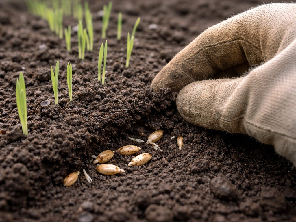 Gloved hand gently scraping soil to reveal swollen oat seeds under emerging seedlings.