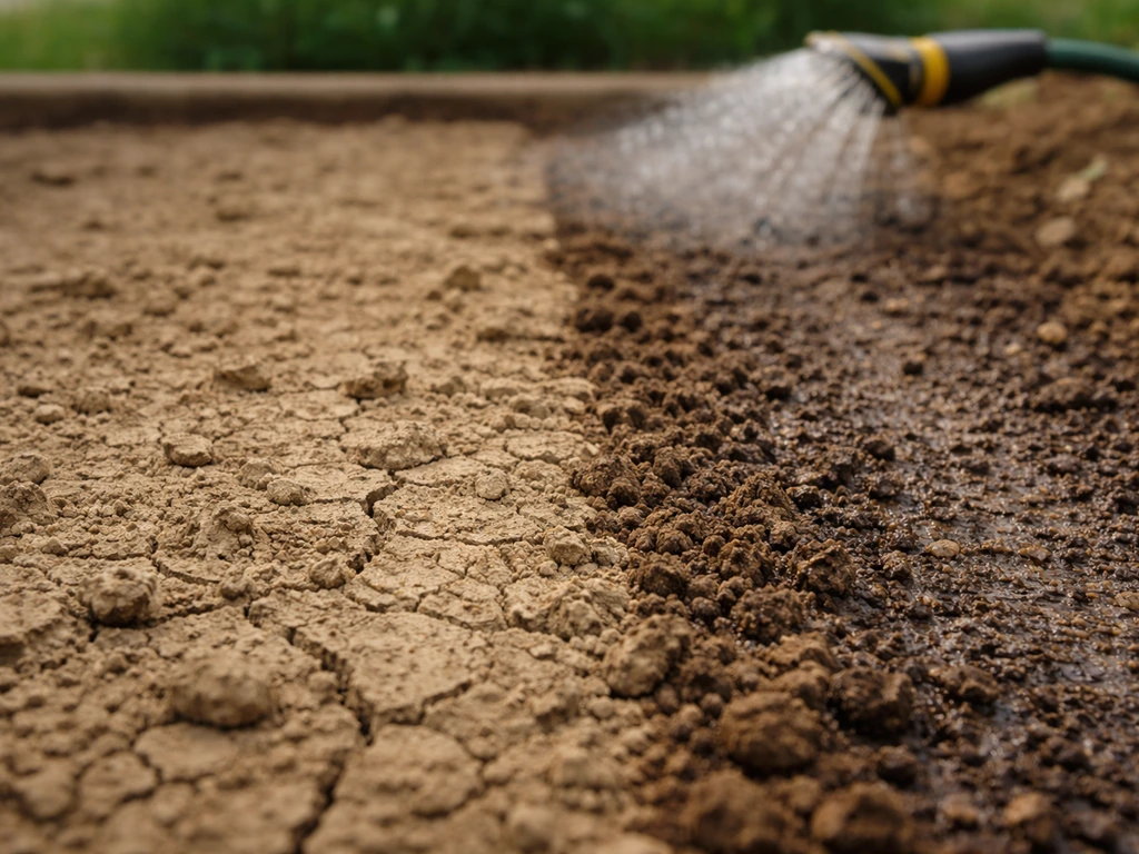 Garden bed with cracked dry topsoil beside slightly moist darker soil where seeds would germinate