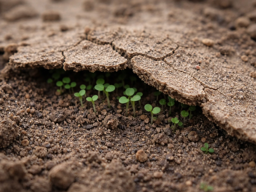 Closeup of cracked soil crust with partially lifted section exposing tiny germinating seedlings.