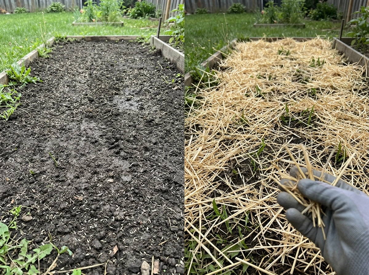 Thin hay layer placed over freshly seeded lawn to slow evaporation