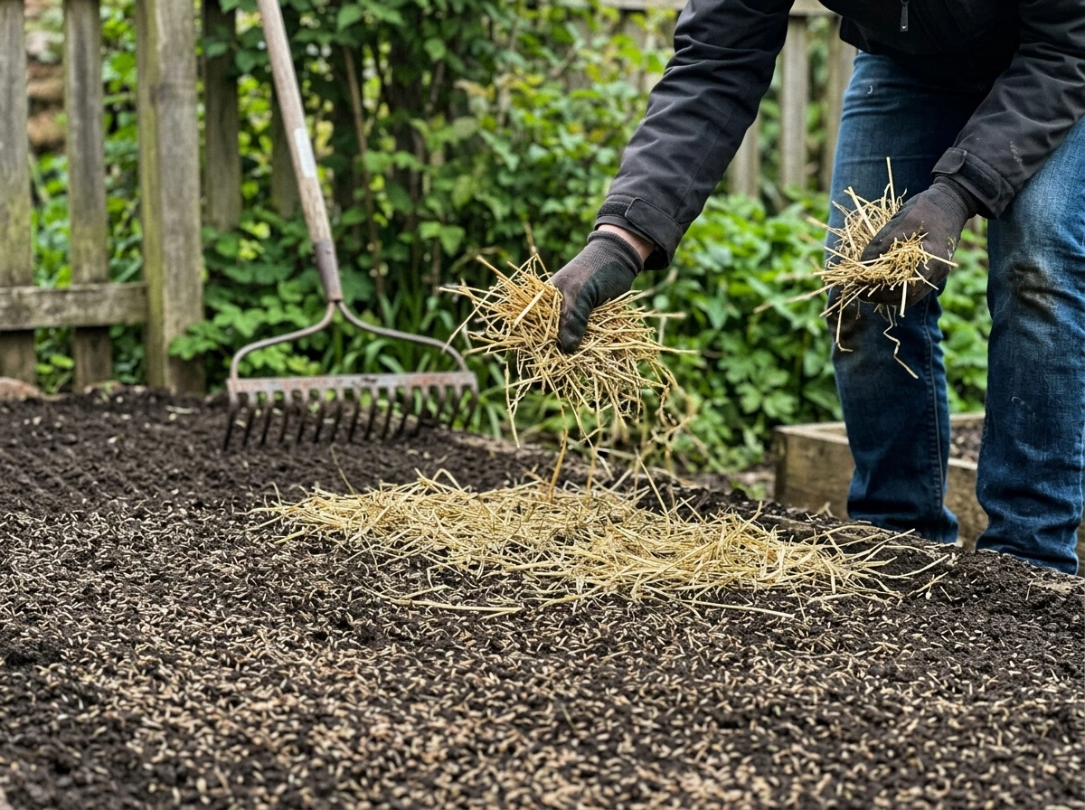 Grass seed raked in first, then thin straw/hay applied over top
