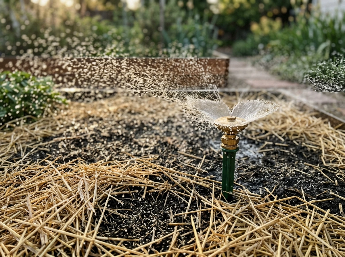 Light watering over straw-covered seeded area to keep soil consistently moist