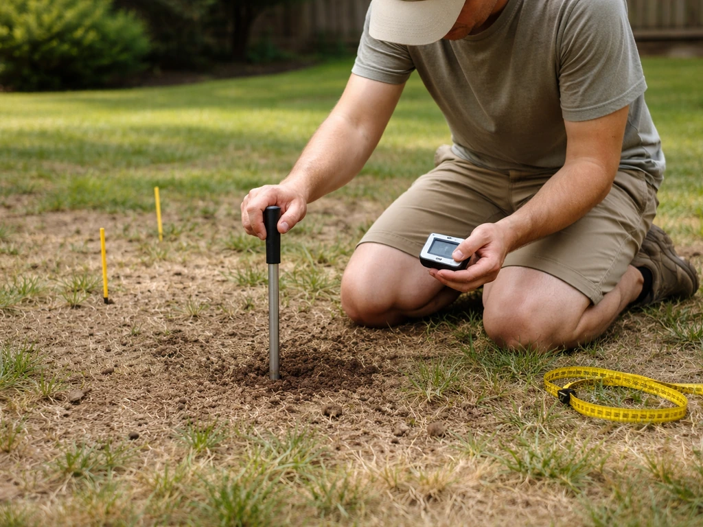 Anonymous homeowner kneeling over a bare lawn patch, using a soil probe and timer to check sunlight exposure.