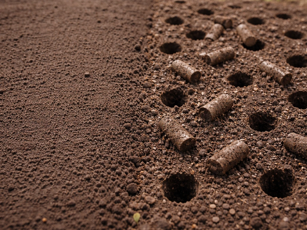 Close-up showing compacted soil beside loosened/aerated soil with visible core plugs and aeration holes.