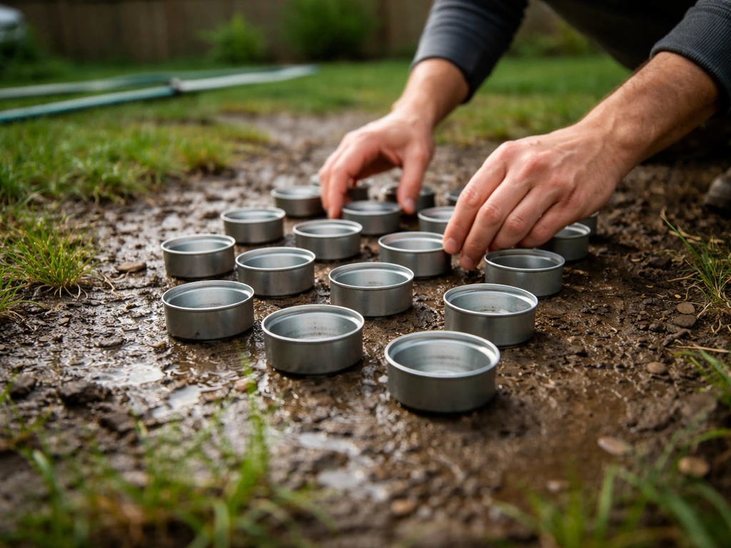Close-up of a DIY catch-can grid in a yard, tracking irrigation pooling and drainage issues