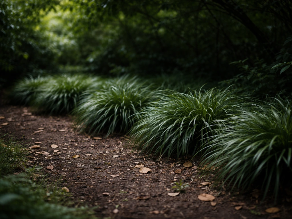 Mondo grass growing in a dark, tree-shaded corner with moist soil and a few fallen leaves.