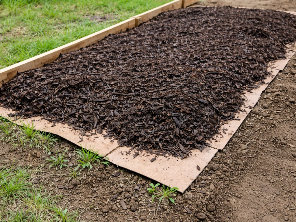 Fresh mulch over cardboard sheet in a newly converted garden bed where grass failed.