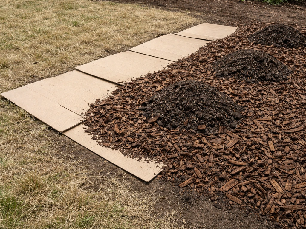 Cardboard sheet mulching over dead turf, with fresh mulch marking a clear planting zone transition.