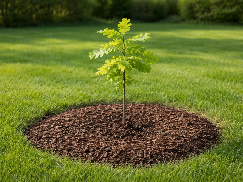Pale oak sapling rooted in a grass-free mulch ring within a mostly green lawn