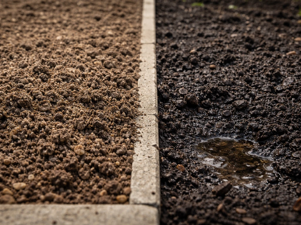 Side-by-side closeup of crumbly well-drained amended soil vs dark compacted waterlogged lawn soil.