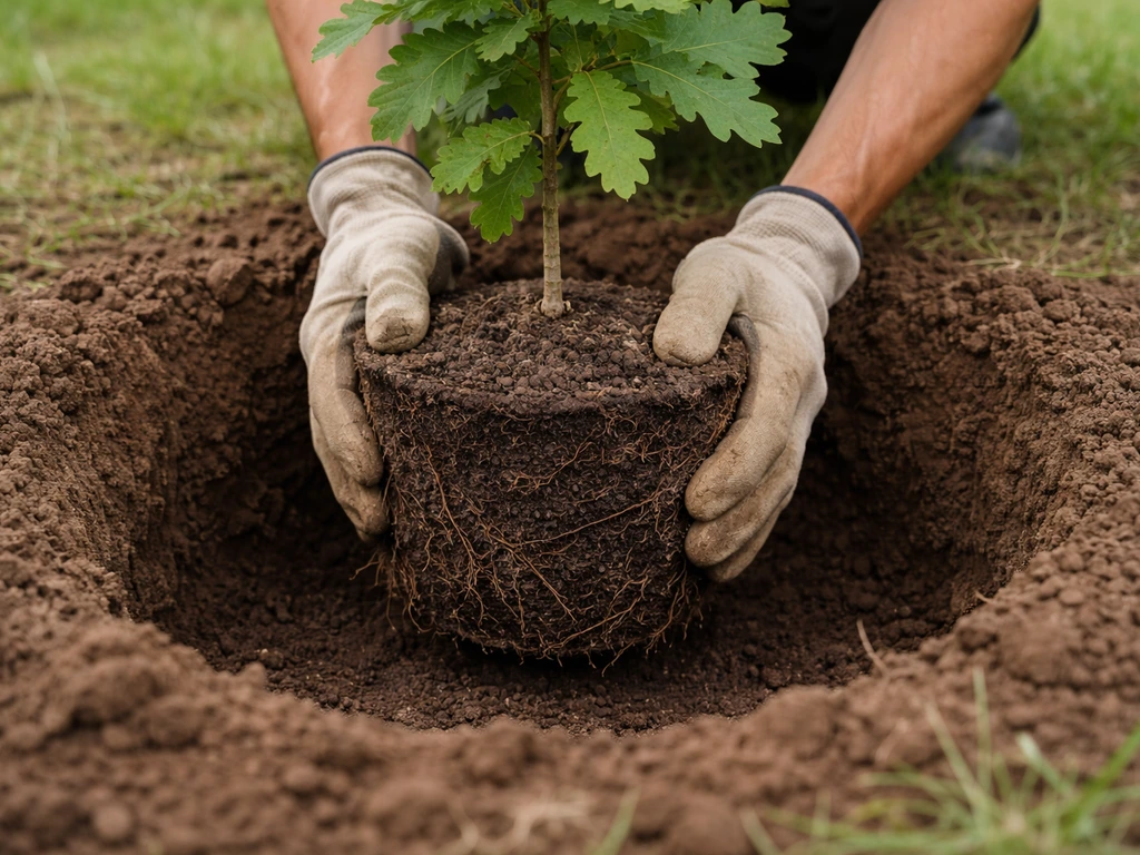 Gloved hands placing a pale oak root ball into a wider planting hole with root flare level to soil.