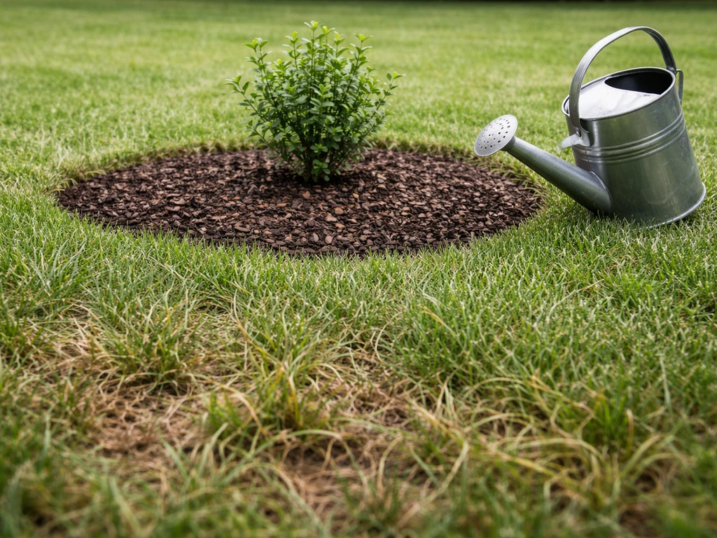 Close-up of stressed grass leaves with a small grass-free mulch ring and a gentle watering can nearby