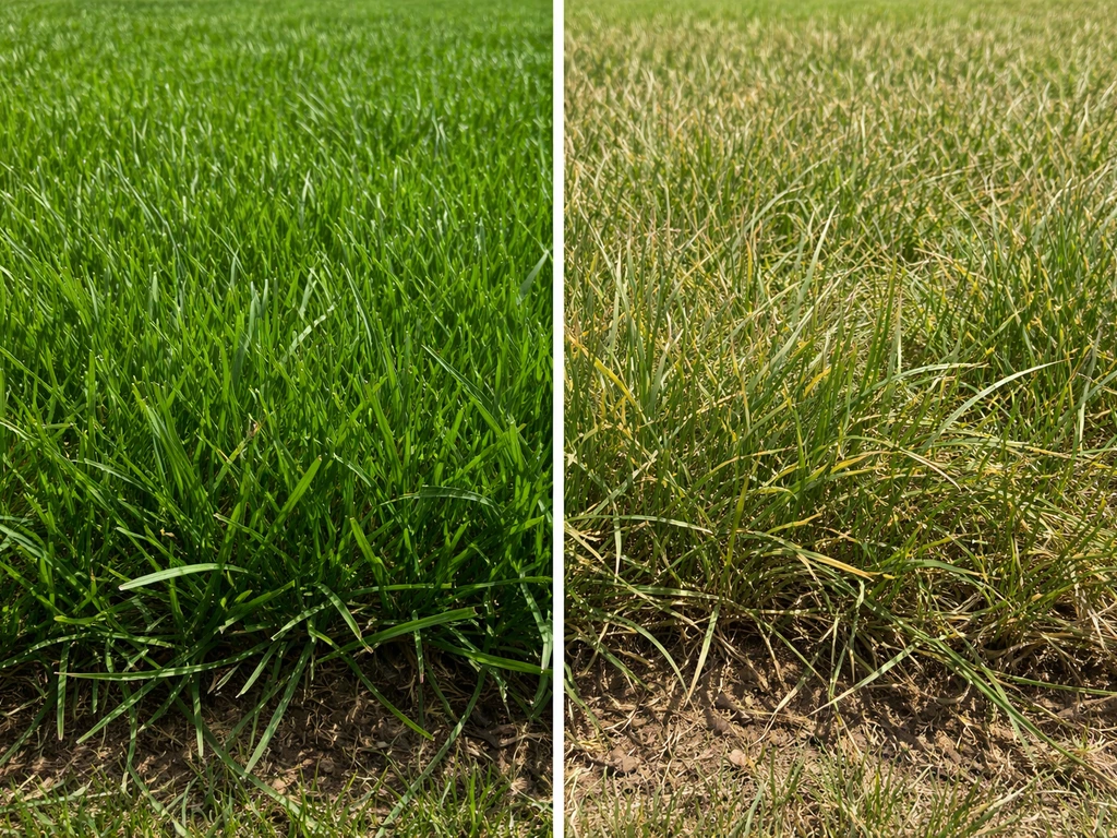 Split lawn photo: taller healthy grass shading the crown vs overgrown dull, stressed grass.