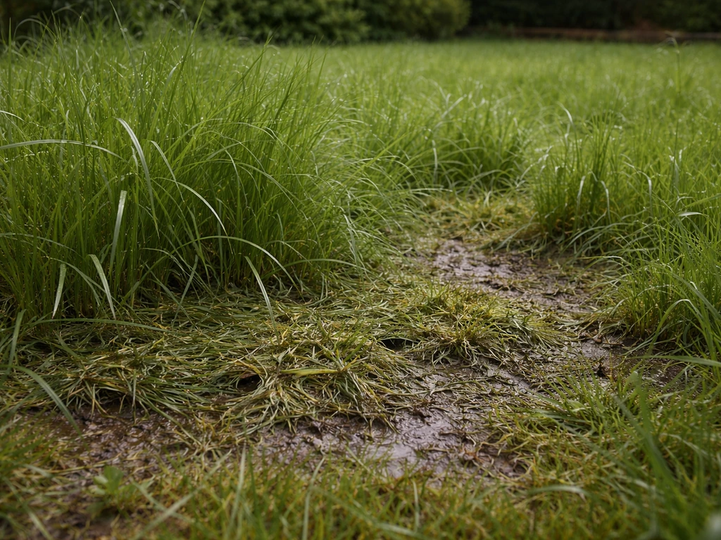 Overgrown lawn with damp patches and clippings buildup where tall grass has exceeded recommended height.