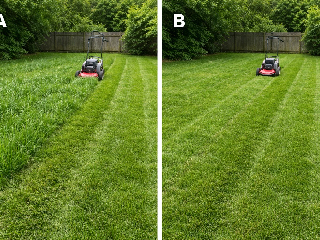 Before/after sequence of mowing an overgrown lawn with the mower deck set high first, then trimmed shorter.