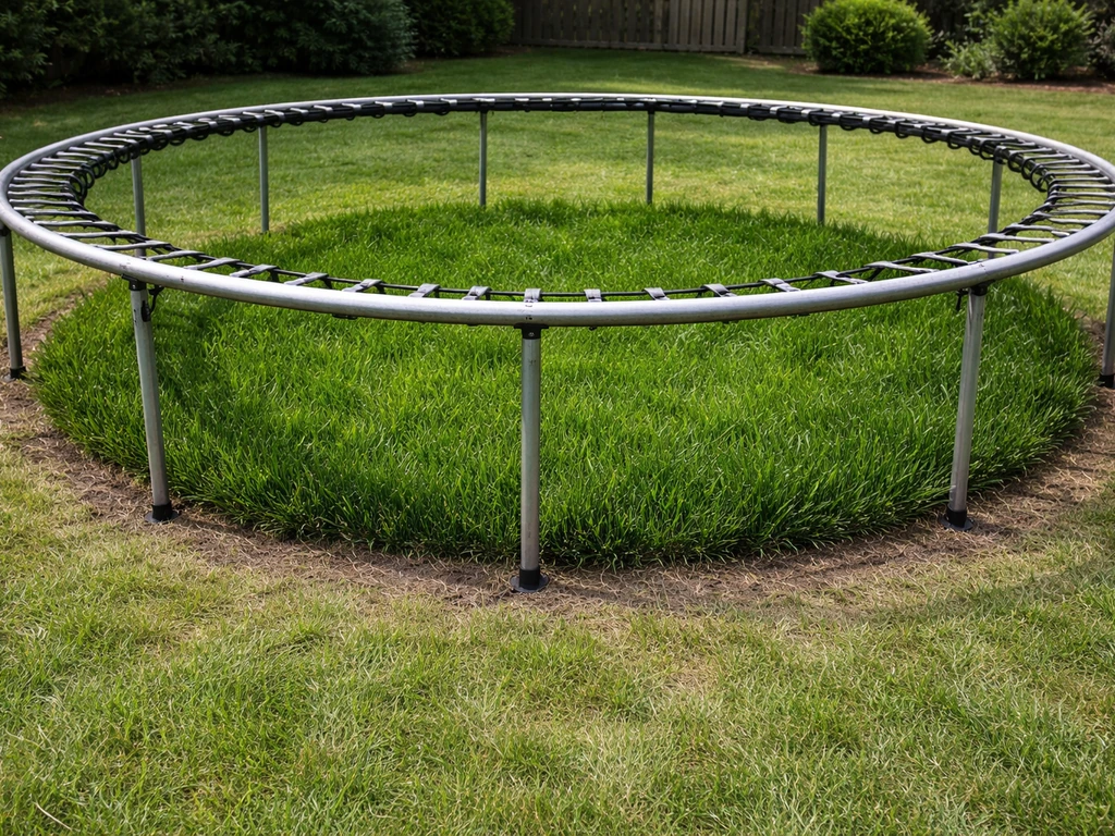 Trampoline over lush grass with greener turf underneath than thinner surrounding lawn.
